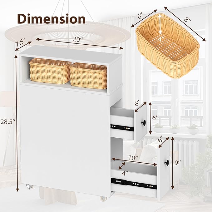 Giantex Small Bathroom Storage Cabinet - Slim Organizer with Wheels, 2 Drawers, 2 Baskets, Brush Holder, Over The Toilet Storage for Skinny Corner, Narrow Spaces