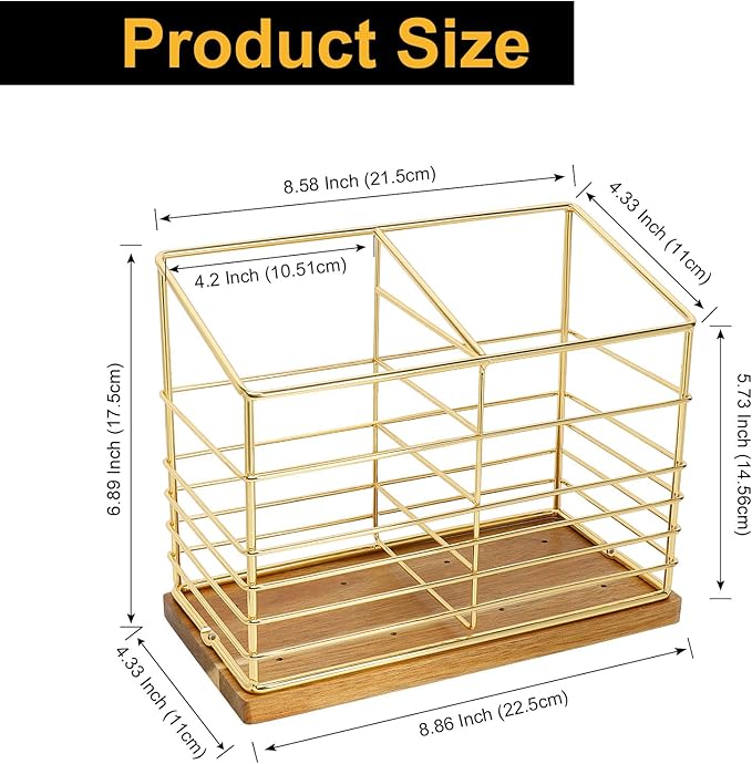 Utensil Holder for Kitchen Counter, Metal Utensil Holder Rack for Kitchen Countertop, Cooking Tools Storage for Spatula, Utensil Organizer with Wooden Base, and Drainage Hole (Gold Wooden)