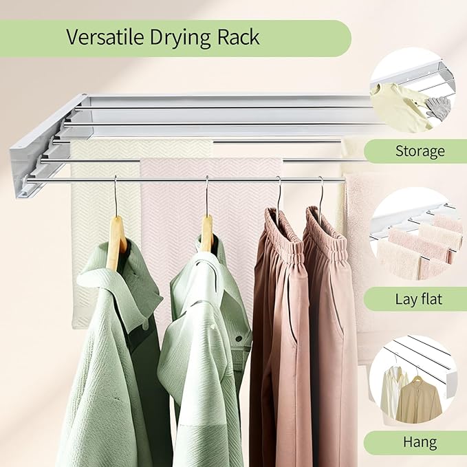 Wall Mounted Drying Rack 31.5'', Foldable Wall Clothes Drying Rack, Space Saving Laundry Drying Rack, Heavy Duty Clothes Drying Rack 5 Rods, Collapsible Clothing Rack for Bathroom Balcony
