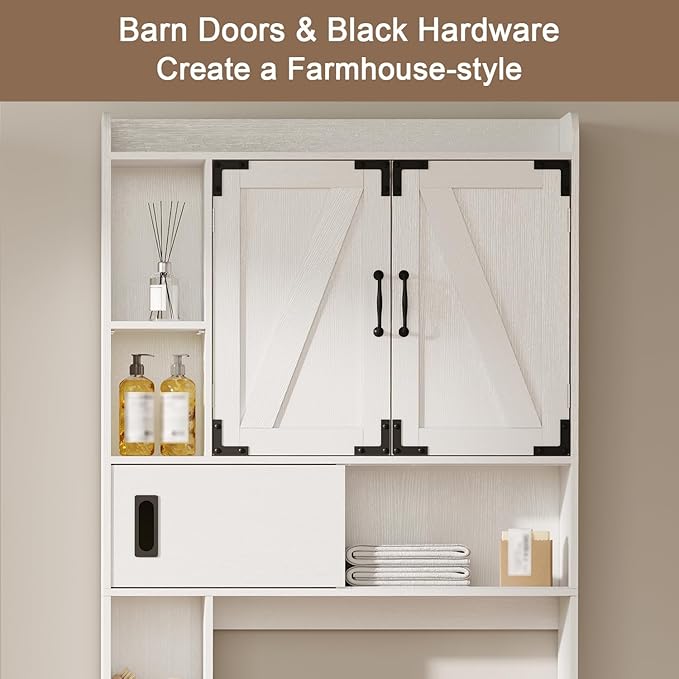 ChooChoo Over The Toilet Storage Cabinet, Farmhouse Bathroom Storage Cabinet with Sliding Door, Over Toilet Storage with Adjustable Shelves, Space-Saving, Antique White