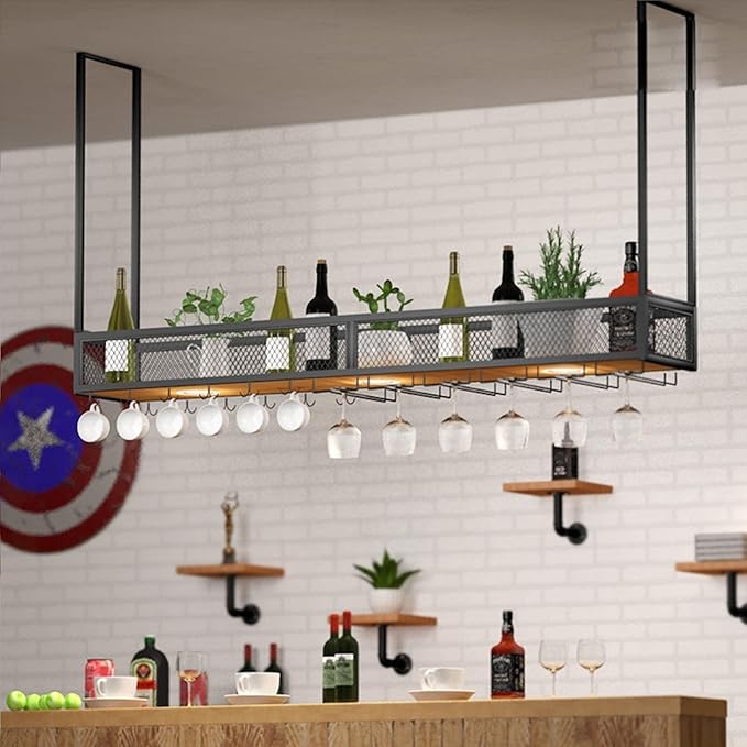 Ceiling Hanging Wine Glass Holder - Ceiling Shelf, Ceiling Wine Rack Display Stand, Hanging Solid Wood Plant Stand, Wall Mounted Iron Art Wine Bottle Holder, LOFT Ceiling Mounted Storage Rack ( Color