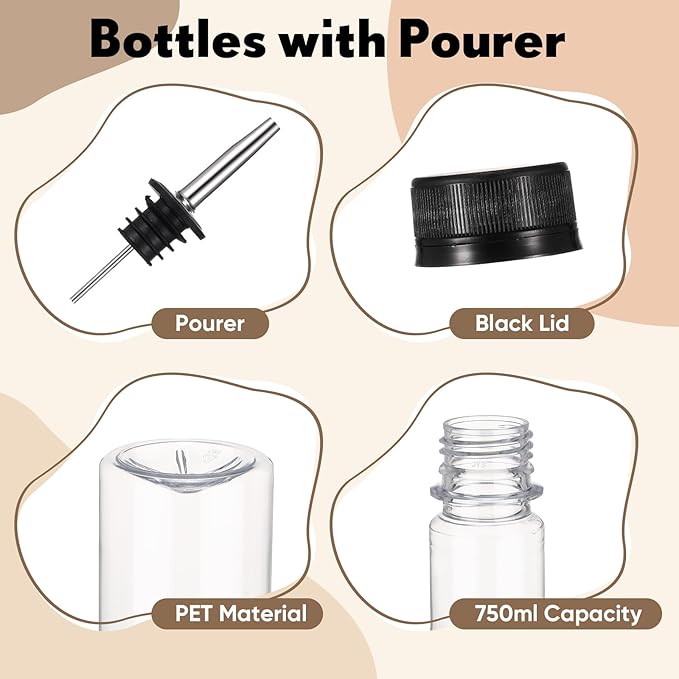 32 Pack 25 oz Syrup Bottle Plastic Long Neck Bottle with Stainless Steel Leakproof Tapered Spout Pourer and Cap Alcohol Juice Coffee Container for Home Bar Service Bartending Supplies