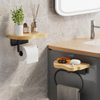 Wall Mounted Toilet Paper Holder with Shelf, Bamboo Wood and Matte Black Metal, 7.08x5.11 Inch Storage Rack for Bathroom