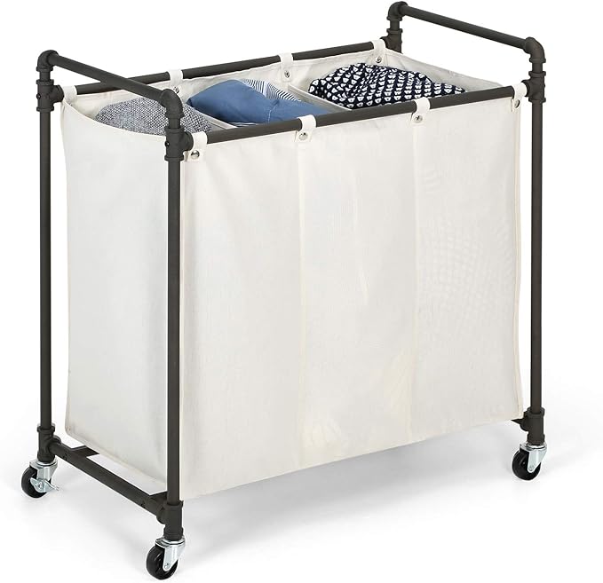 028-28003 Modern Industrial Style 3 Section Laundry Sorter, 33.24” W x 17.10” D x 30.50”H, Satin Pewter