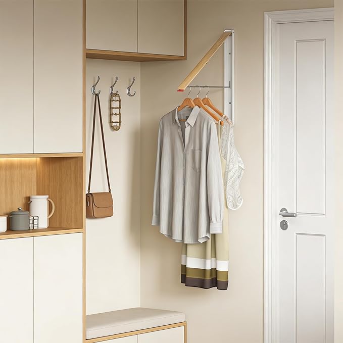 Clothes Drying Rack Wall Mounted for Laundry, Retractable & Foldable Clothes Hanger, Indoor Outdoor Wall Dryer Rack Organization for Dorm, Closet, Apartment, Balcony, Laundry, Rv, Alcove, Wood