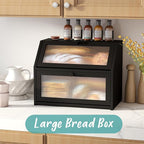 Black Bread Box for Kitchen Counter, Large Bamboo Wood Double Layer Bread Box, Wooden Bread Storage Capacity