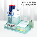 M&G Mesh Pen Holder Desk Organizers Pencil Holder for Desk Light Blue, 3 Compartments Metal Office Supply Organizer with Sticky Notes Holder for Home Office