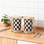 Ceramic Checkered Utensil Crocks with Gold Metal Rack, Black & White Grid Kitchen Utensil Storage, Farmhouse Kitchen Decor, Flatware Organizer & Home Accessory (Black)