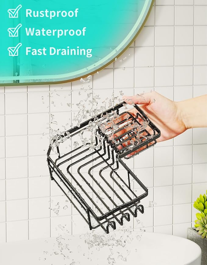 HapiRm Corner Shower Caddy with Shampoo Holder, 2-Pack Shower Organizer Shower Storage Shelf with 11 Hooks, No Drilling Rust Proof Stainless Steel Corner Shower Shelf with 6 Pack Adhesives (Black)