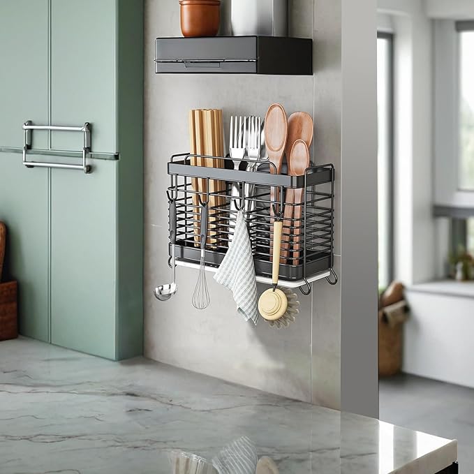 Utensil Holder, Stainless Steel Utensil Drying Rack with Drain Tray, Kitchen Counter Drainer Basket Silverware Cutlery Flatware Holder Forks, Knives, Spoons, Chopsticks Organizer (Black)