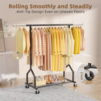 EAGMAK Heavy Duty Clothes Rack Load 424 LBS, Rolling Clothing Rack With Shelves, Adjustable Metal Clothes Hanger with Wheels, Portable Wardrobe Organizer Garment Rod for Hanging Clothes (Black)