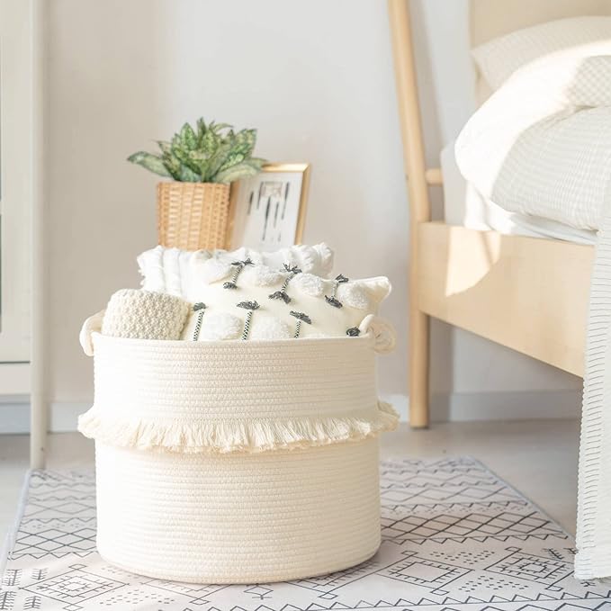 CherryNow Large Woven Storage Baskets – 16'' x 13'' Cotton Rope Decorative Hamper for Nursery, Toys, Blankets, and Laundry, Cute Tassel Nursery Decor - Home Storage Container Off-white