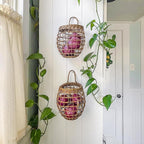 Elsjoy Set of 2 Hanging Onion Basket, Wall Mount Small Wicker Baskets for Food Storage, Woven Rattan Basket for Kitchen, Pantry, Home Decor