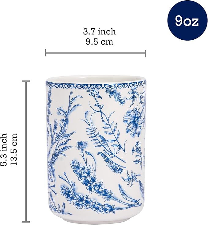 Bico Blue Garden Toile De Jouy Ceramic Utensil Holder Set of 2, Ceramic Kitchen Utensil Crocks for Countertop, Large Cooking Tool Holder Counter Decor, Spatula Organizer