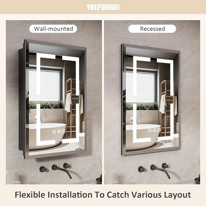 16X24 Inch Bathroom Medicine Cabinet with Mirror, Adjustable 3-Color Brightness Dimming LED Mirror Cabinet Recessed or Wall Mounted, Black Medicine Cabinet with Lights, Defogger