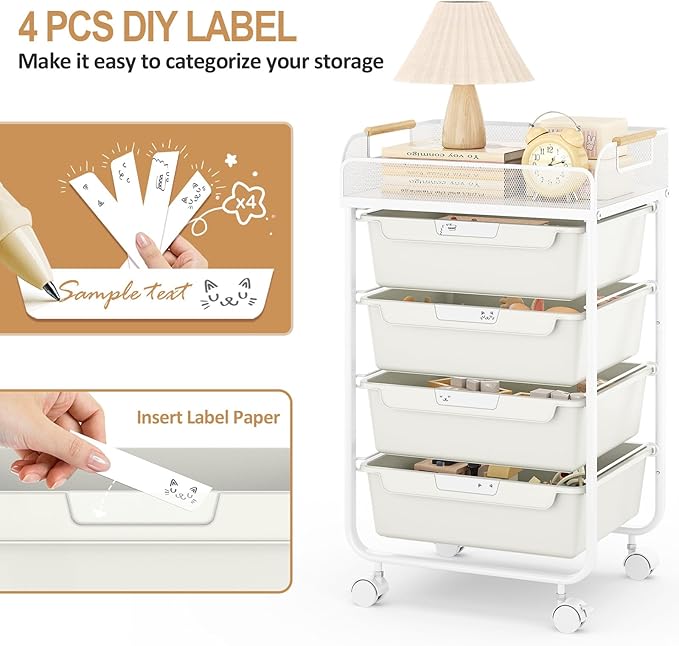 Rolling Utility Storage Cart with 4 Drawers - 4 Tiers Rolling Cart Craft Cart, Storage Drawer Cart Organizer for Craft Room Office Bedroom Classroom with Mesh Top & 4 PCS DIY Lable, White