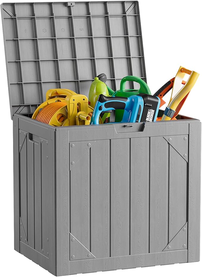 Outdoor Storage Box - 30 Gallon Waterproof Resin Deck Box, Lockable Patio Storage Bench for Package Delivery, Cushions & Garden Tools, UV Resistant (Grey)
