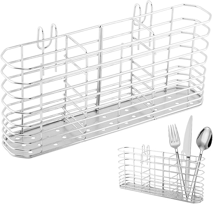 304 Stainless Steel Utensil Holder,Kitchen Utensil Organizer with 3Divided Compartments,Flatware Storage Basket with Hooks for Dish Drying Rack Sink Dish Drainer in KitchenBathroom