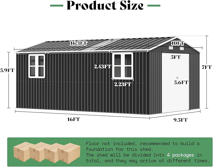 AMERLIFE 10x16x7 FT Outdoor Storage Shed with 2 Transparent Panels, Metal Garden Shed with Hinged Double Doors, 4 Windows & 4 Vents, Reinforced Steel Frame for Backyard, Garden, Dark Gray