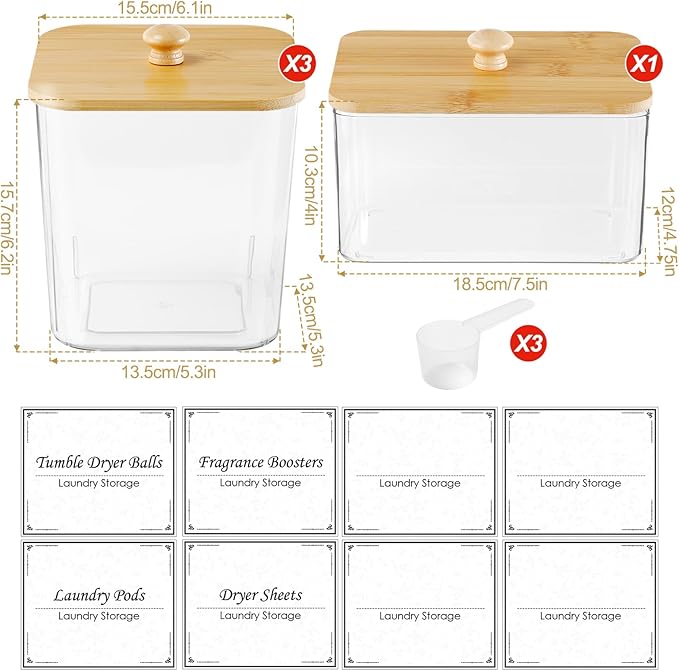 Laundry Pods Storage Container, Clear Laundry Pods Containers with Wooden Lid & Labels,Detergent Powder Organizer for Pods,Dryer Sheets,Scent Beads,Acrylic Jars with Scoops,3+1 Set