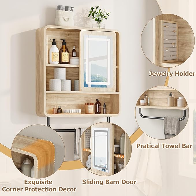 QUW Modern Bathroom Wall Cabinet, Medicine Cabinets with Mirror, Over The Toilet Storage Cabinet for Bathroom, Towel Bar, Sliding Door, 3 Lighting Modes, Adjustable Brightness, Natural Oak