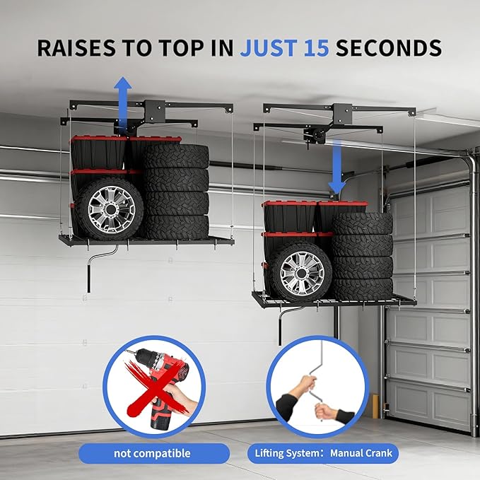 Heavy-Duty Overhead Garage Lifting Storage Rack, 4x4 ft Carbon Steel Ceiling Storage Rack with Manual Crank, Adjustable Organization System, Supports 350Lbs for Garages Workshops