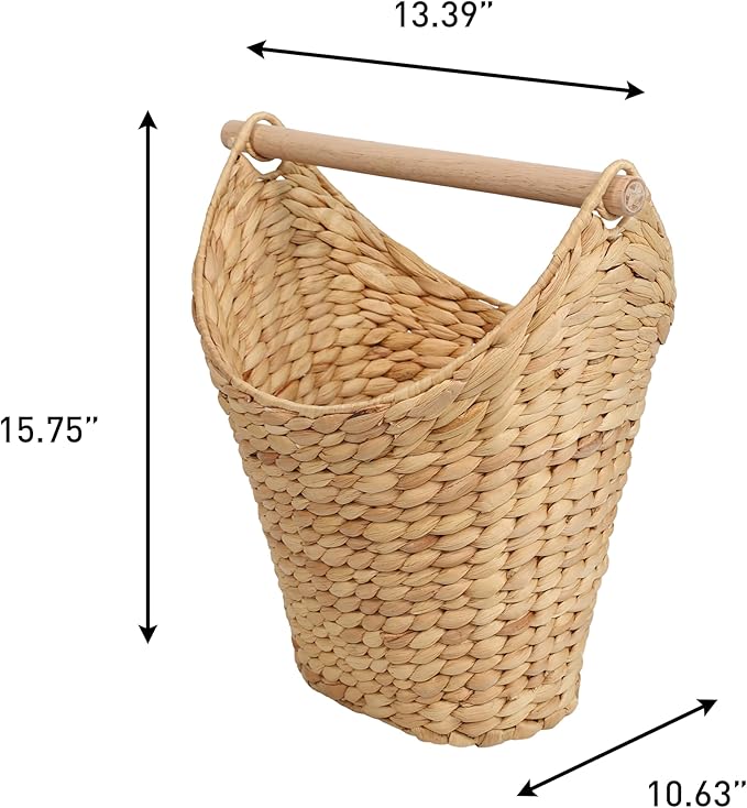 happimess PRH1000A Talia Classic Coastal Hand-Woven Water Hyacinth Toilet Paper Basket with Wood Bar, Reserve Storage for Extra Rolls, Free Standing Magazine Holder, Natural