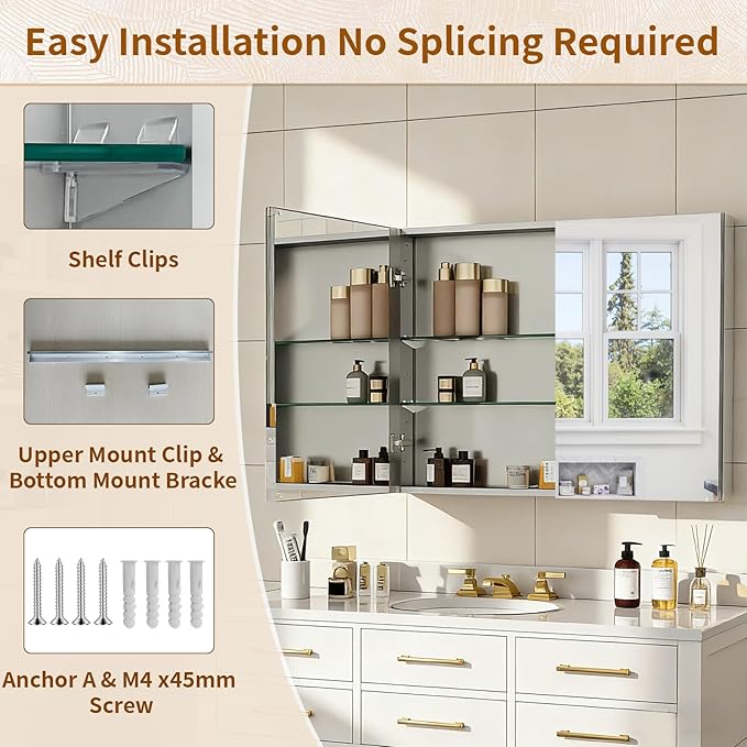 BEAUTYPEAK Bathroom Medicine Cabinet Mirror with Storage, 40 Inch x 26 Inch Silver Medicine Cabinet with Double Door & Adjustable Shelves for Vanity, Tempered, Aluminum Surface, Wall-mount or Recessed