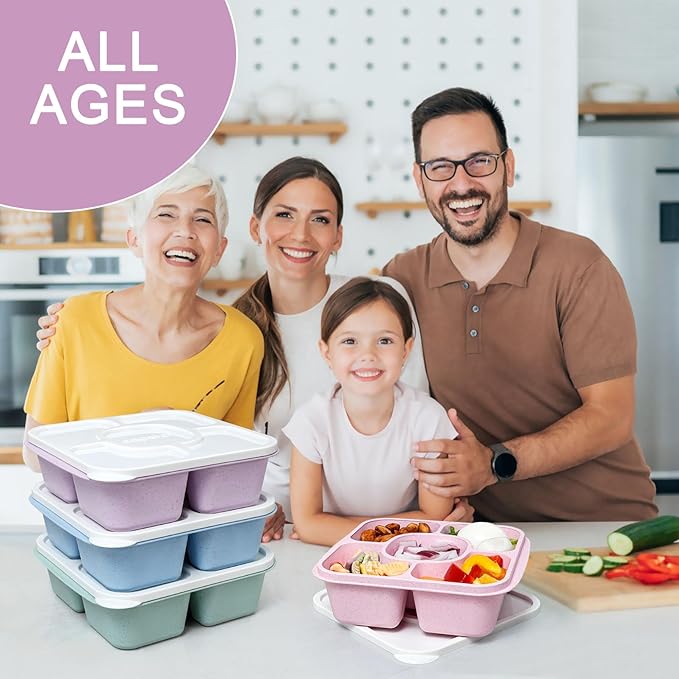 Caperci 5-Pack Lunchable Container Set for Kids & Adults - Reusable Bento Snack Box Containers with 5-Compartment for Food Storage & Meal Prep, Wheat Straw, BPA-Free (Vintage Colors)