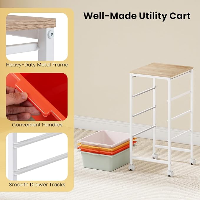 GOFLAME 4-Drawer Rolling Storage Cart, Craft Storage Cart with Wooden Tabletop and Lockable Wheels, Art Cart Supply Storage Organizer with Metal Frame for Home Office Classroom, Macaron Color
