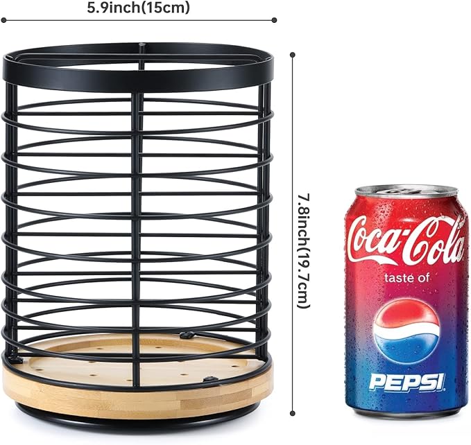 360° Rotating Utensil holder for Kitchen Counter 5.9 x 5.9 x 7.8 Large Round Utensils Holder with Wooden Base Matte Black Cooking Utensil Holder，Kitchen countertop Utensil Organizer