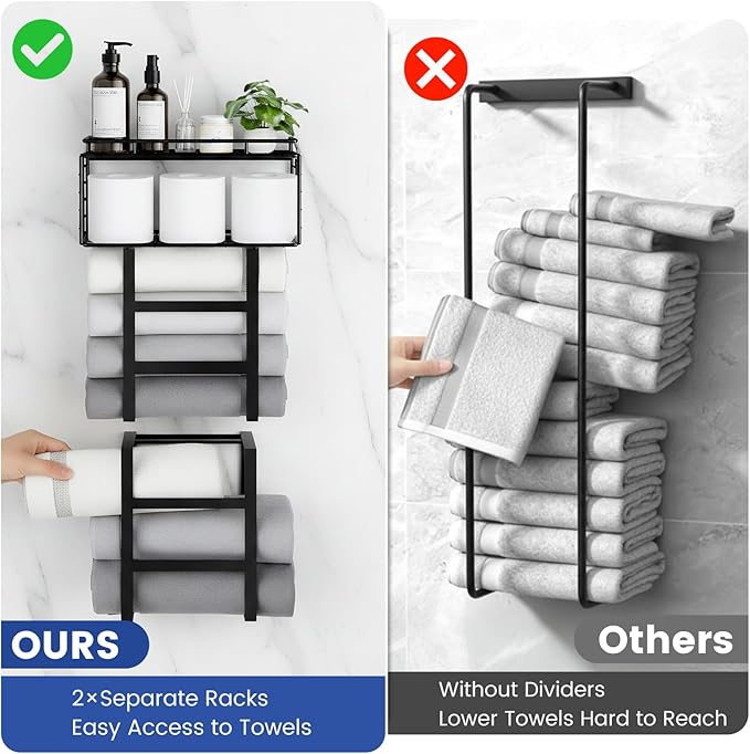 Towel Racks for Bathroom Wall Mounted, 4-Tier Bathroom Towel Rack with Shelf and Basket, Hold 6 Large Rolled Towels, 32-Inch Heavy Duty Towel Storage for Bathroom, RV, Black