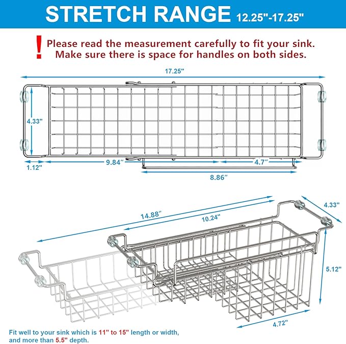 Dish Stands, Over The Kitchen Sink Caddy Sponge Holder Organizer Drying Rack Expandable for Sponge Brush Soap Dish Cloth Rag Smaller 12.25" to 17.25", Stainless Steel
