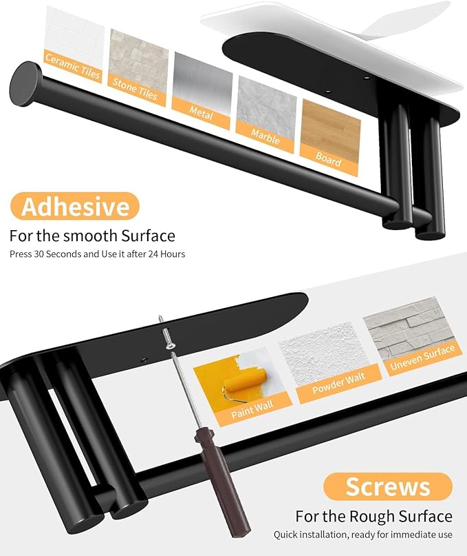 Under Cabinet Paper Towel Holder for Kitchen, Upgraded Heavy Duty Double Pole Design, Both Available in Adhesive & Screws, Self-Adhesive Bar Rack for Kitchen Towel, Stainless Steel, Black