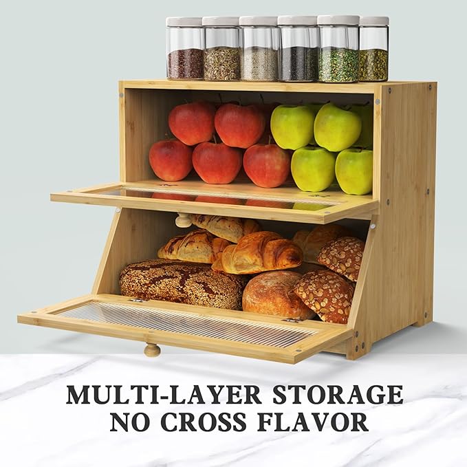 Bamboo Bread Box for Kitchen Countertop, Double Layer Large Bread Storage Container for Homemade Bread with Window & Lid, Bread Keeper Holder,Wood Color