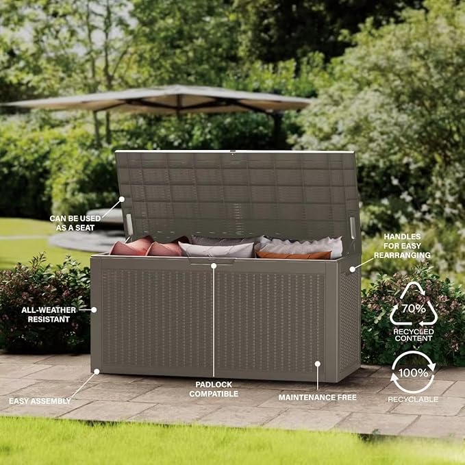 105 Gallon Resin Deck Box, Waterproof Outdoor Storage Bin for Patio Furniture, Pool Accessories, and Garden Tools, Lockable & UV-Resistant, Grey