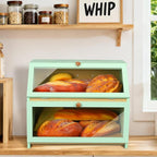 HOMEKOKO Double Layer Large Bread Box for Kitchen Counter, Wooden Large Capacity Bread Storage Bin (Mint Green)