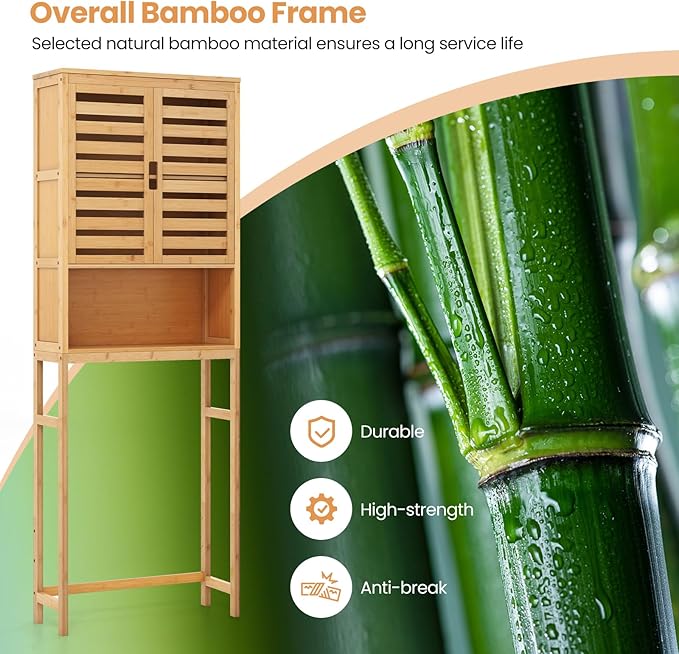 Giantex Over The Toilet Storage Cabinet, 3-Tier Bamboo Bathroom Space Saver with 2 Louver Doors, Open Shelf, Adjustable Bottom Bar, Over Toilet Bathroom Organizer for Laundry, Balcony, Restroom