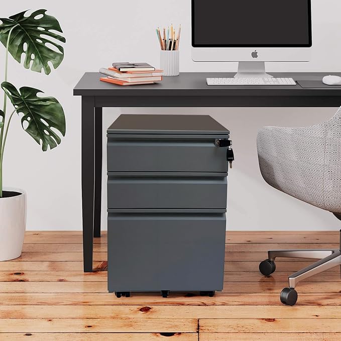 3-Drawer Mobile File Cabinets Rolling ，Vertical Metal Filing Cabinet for Legal & Letter File Anti-tilt Design with Lock Under Desk Office Drawers Fully Assembled (Grey)