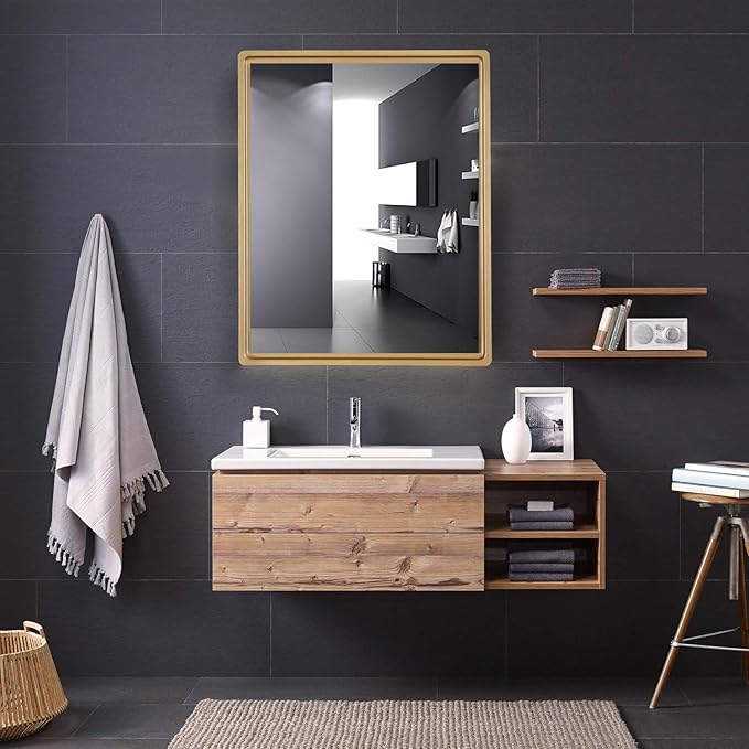 22x30 Inch Bathroom Medicine Cabinet with Gold Framed Mirror – Recessed or Surface Mount Storage Cabinet, Single Door Rustic Farmhouse Design