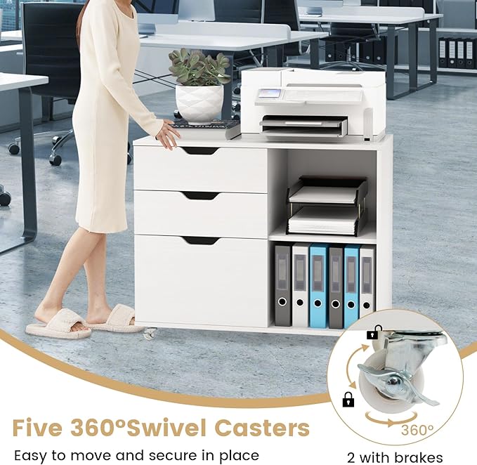 Giantex 3 Drawer File Cabinet, Office Storage Cabinet Fits Files Letter, A4, Legal Size, Rolling Printer Stand with Adjustable Shelf, Office Organization and Storage, Lateral Filing Cabinet (White)