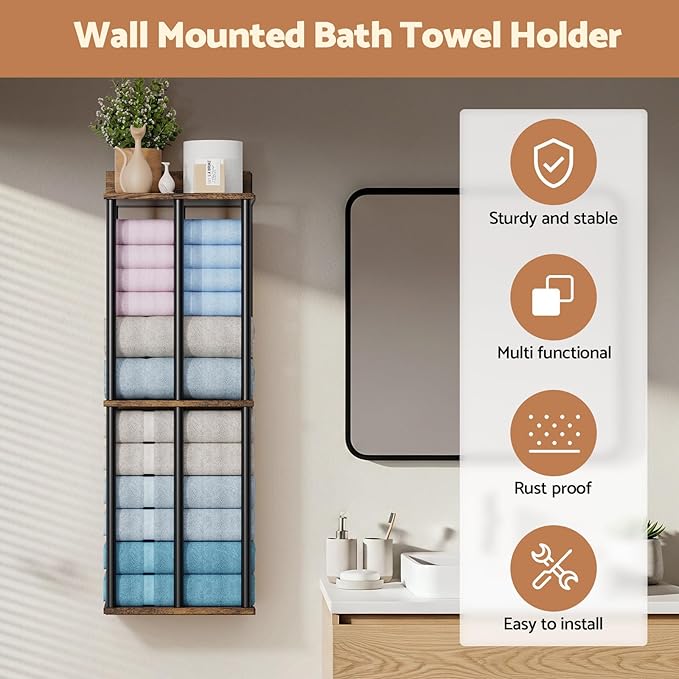Towel Racks for Bathroom Wall Mounted, Upgraded Bathroom Towel Holder Bath Storage Rack for Rolled Towel, Small Towels, Folded Towels, Rustic Organizer Rack with Shelf