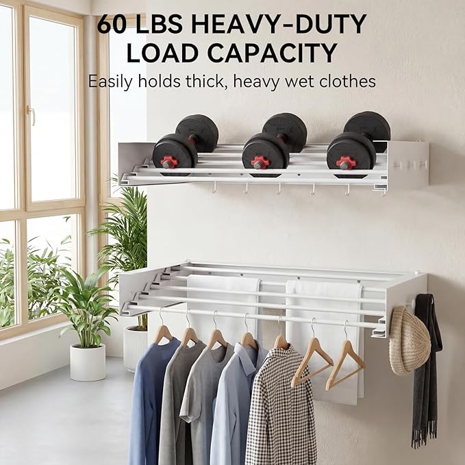 Collapsible Laundry Drying Rack Wall Mounted - 34.65 Inch Metal Clothing Drying Rack with 6+6 Hooks, Retractable Foldable Dryer Racks for Laundry Drying Indoor, Heavy Duty Towel & Coat Hanger