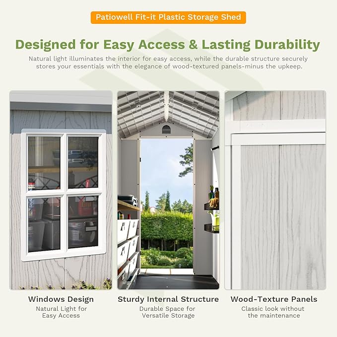 Patiowell 4' x 4' Outdoor Storage Shed with Floor, Plastic Shed Outside Resin Tool Shed with Window and Lockable Door for Backyard Garden Patio Lawn, Deep Gray