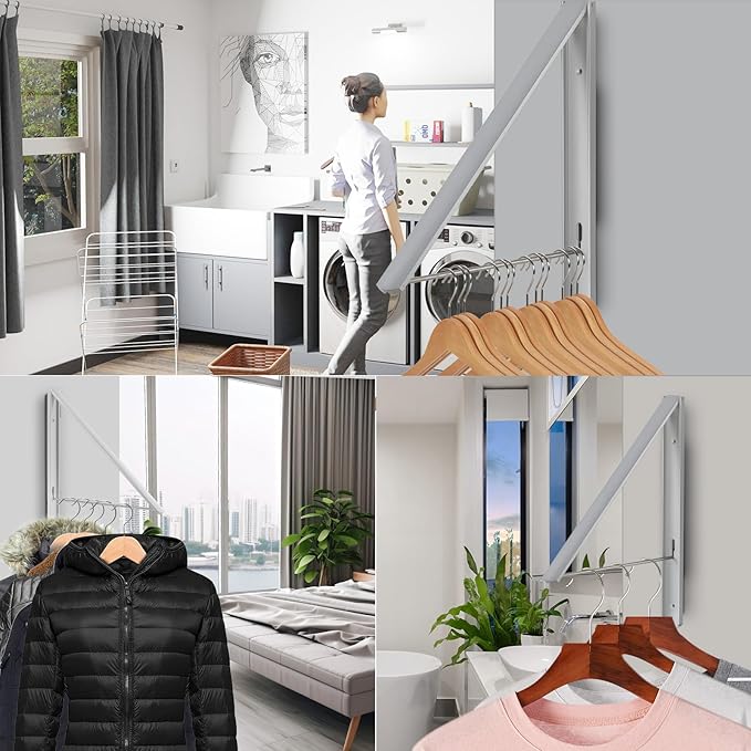 Foldable Clothes Drying Rack, Wall Mounted Retractable Drying Rack Clothes Hanger for Laundry, Bathroom, Balcony Use, Space Saving Laundry Racks and Closet Organizer, Aluminum (Silver)