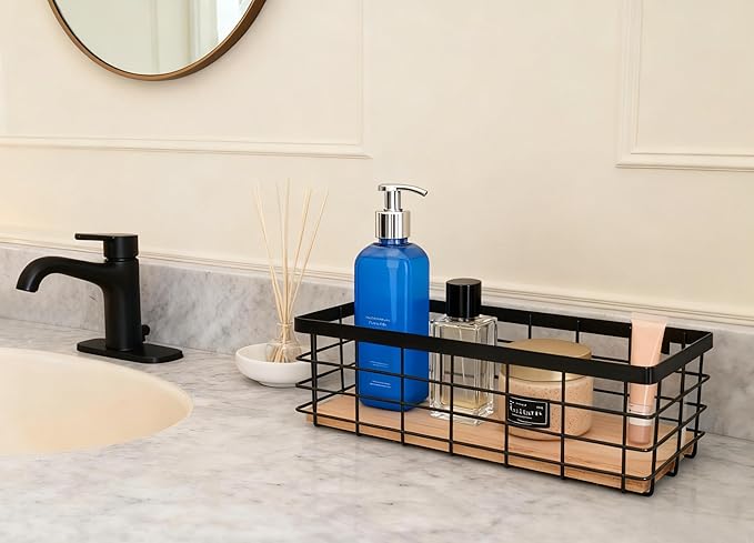 Small Metal Wire Basket Detachable Wood Base Storage Organizer Bathroom Counter Storage Organizer for Makeup, Perfume & Skincare，1 Pack in Black Color