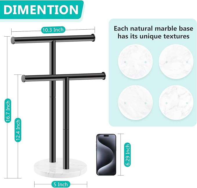Hand Towel Holder for Bathroom Countertop, 17 Inch Tall T-Shape 2 Tier Towel Rack Stand with Heavy Marble Base, Free Standing Rustproof Double Tiered Kitchen Towel Drying Organizer, Black, YOFIVI
