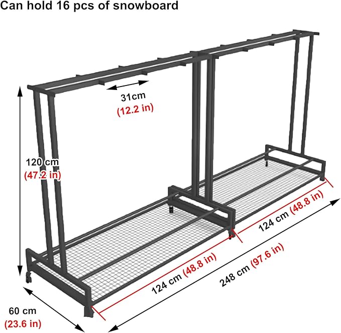 1 2 3 4 5 6 8 9 10 Pair Ski Storage Rack for Organize, Indoor Ski Board Stand for Garage/Basement/Shed, Floor Standing Longboard Carrier Wheels(Holds 16 pcs(8 Pair))
