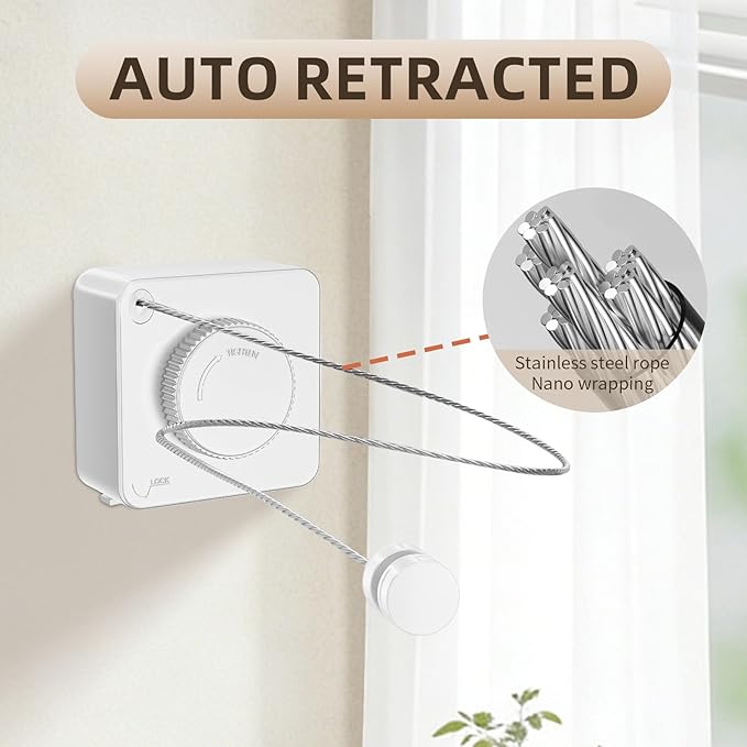Anti-Sag Retractable Clothesline 40LB Capacity - 201in Stainless Steel Laundry Line for Indoor Outdoor, Wall Mounted Space Saving Easy Install (White)