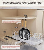 Pull Out Pots and Pans Organizer Under Cabinet, Expandable Sliding Lid Holder and Pan Rack for Kitchen, Slide Out Inside Cabinet for Pot Lid, Bakeware, Dishes, 10 Adjustable Dividers, 1 Pack White